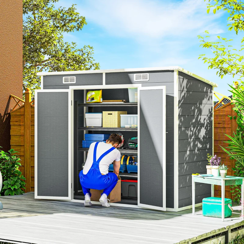 Outsunny 8' x 4' Plastic Outdoor Storage Shed with Floor, Window, Lockable Doors and Vents for Backyard Patio Lawn, Gray(m-2)