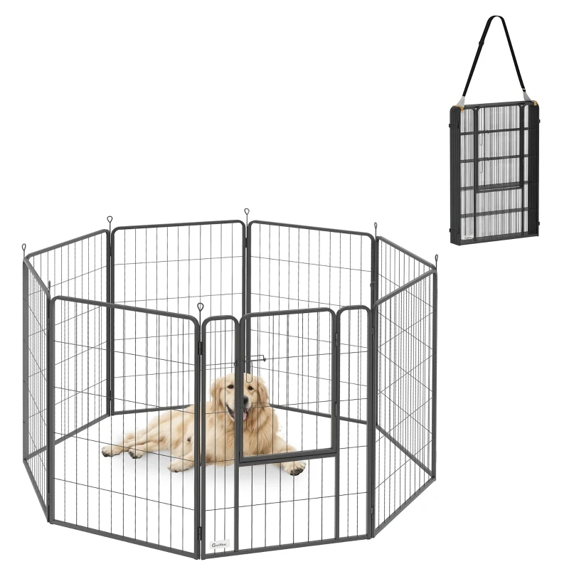 PawHut 39" Dog Playpen Indoor Outdoor, Portable Foldable 8 Panels Pet Playpen with Door & Strap for Large Dogs