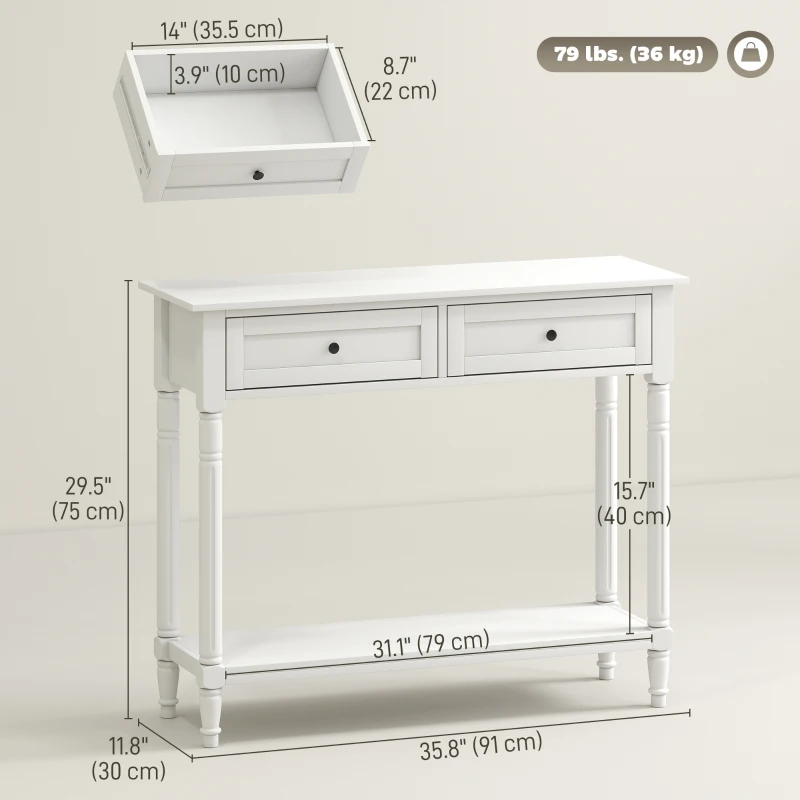 HOMCOM Hallway Console Table, Modern Entryway Table with 2 Drawers, Storage Shelf, Turned Legs for Living Room, Bedroom, White