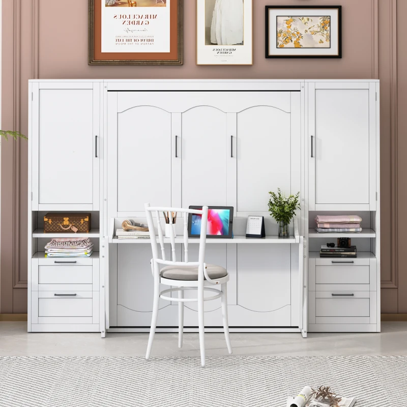 Queen Size Murphy Bed with Closet, Drawers and Shelves, Space-saving Wall Bed with Integrated Storage, 114" L x 17" W x 87" H, White