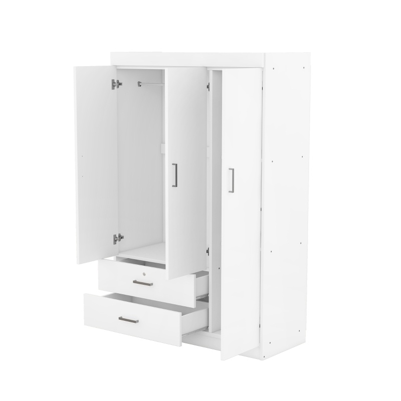 3-Door Wardrobe with 2 Drawers and MDF Construction, Modern Design with Shelves and Hanging Rail, 41.5" L x 18.5" W x 68" H, White