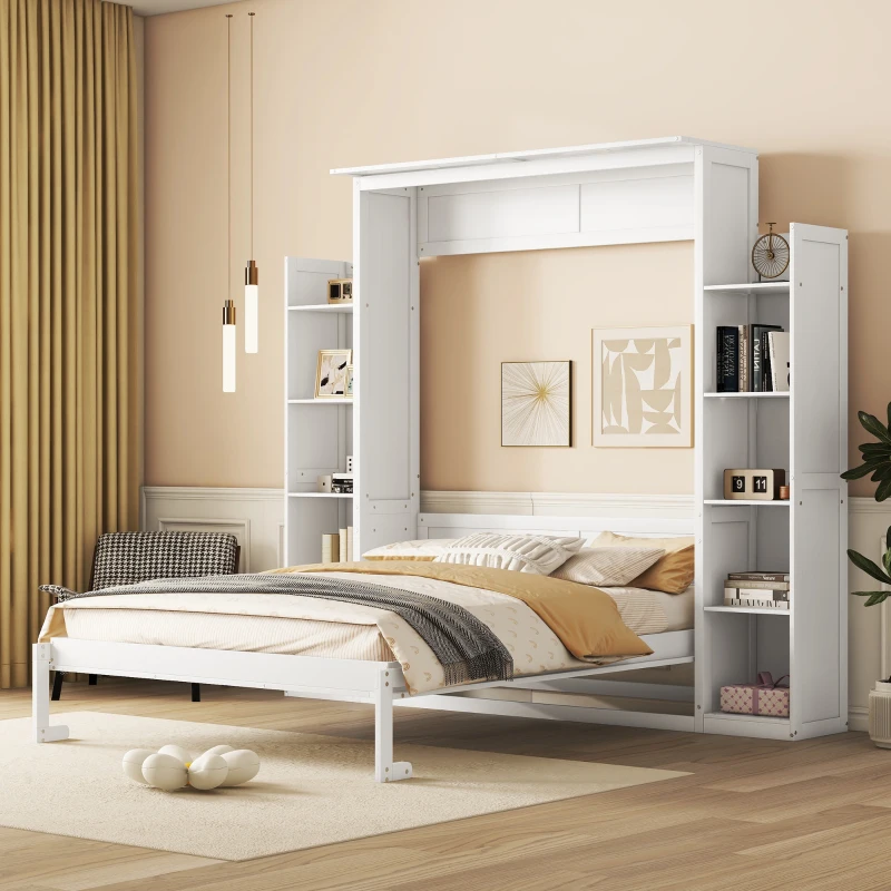 Queen Size Murphy Bed with Shelves and LED Lights, Space-Saving Wall Bed with Flexible Slats, 97.5" L x 84.5" W x 88.5" H, White