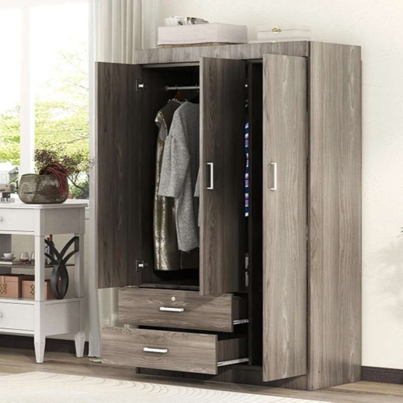 3-Door Wardrobe with 2 Drawers and MDF Construction, Modern Design with Hanging Rail and Shelves, 41.5" L x 18.5" W x 68" H, Grey
