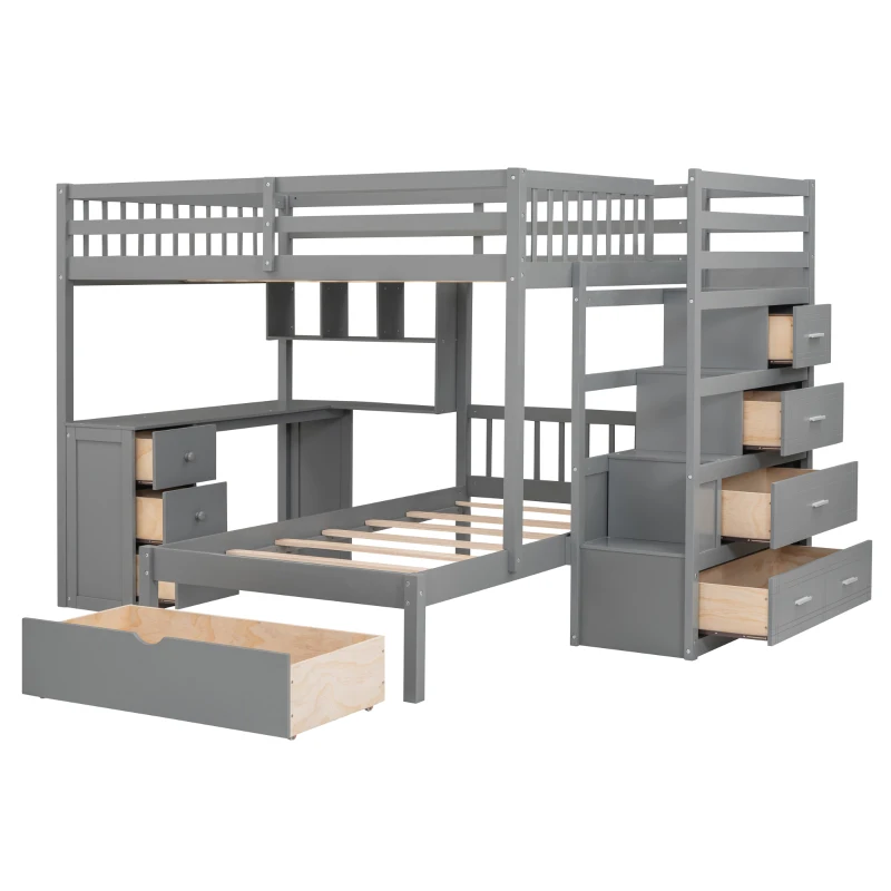 Full Over Twin Bunk Bed with Study Desk, Drawers and Shelves, Space-Saving Design, Ideal for Kids' Room, 98" L x 80" W x 64.5" H, Grey