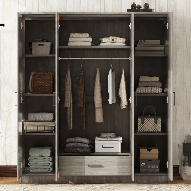 4-Door Wardrobe with Hanging Rail, Locking Drawer, Black Handles, MDF Construction, Ideal for Small Bedrooms, 59" L x 20" W x 68" H, Grey