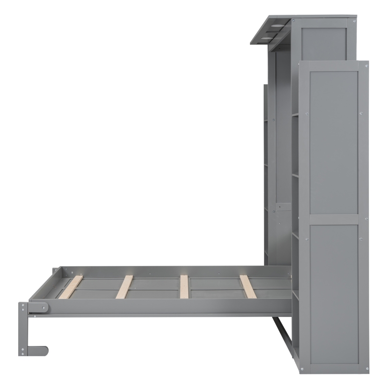 Full Size Murphy Bed with Shelves, LED Lights, Space-Saving Wall Bed with Flexible Slats, Dual Piston Mechanism, 91" L x 81" W x 84" H, Grey