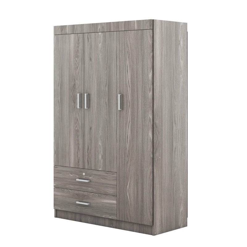 3-Door Wardrobe with 2 Drawers and MDF Construction, Modern Design with Hanging Rail and Shelves, 41.5" L x 18.5" W x 68" H, Grey