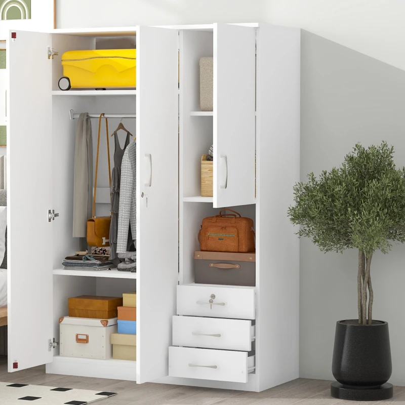 2-Door Wooden Wardrobe with Shelves and 3 Drawers, Built-in Hanging Rod and Lockable Drawer, 47" L x 20" W x 69" H, White
