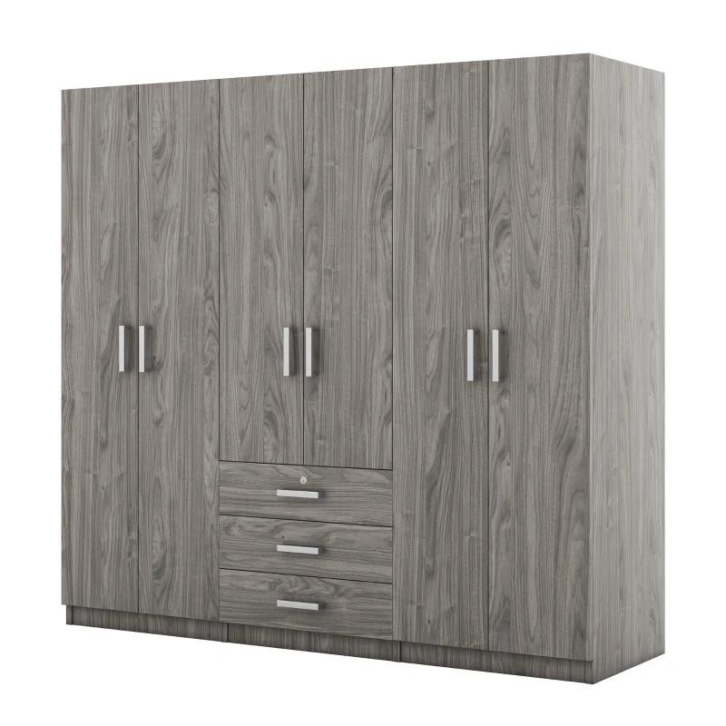 6-Door Wooden Wardrobe with 3 Drawers, MDF Construction, Compact Design, Space-Saving Bedroom Storage, 71" L x 19" W x 68" H, Grey