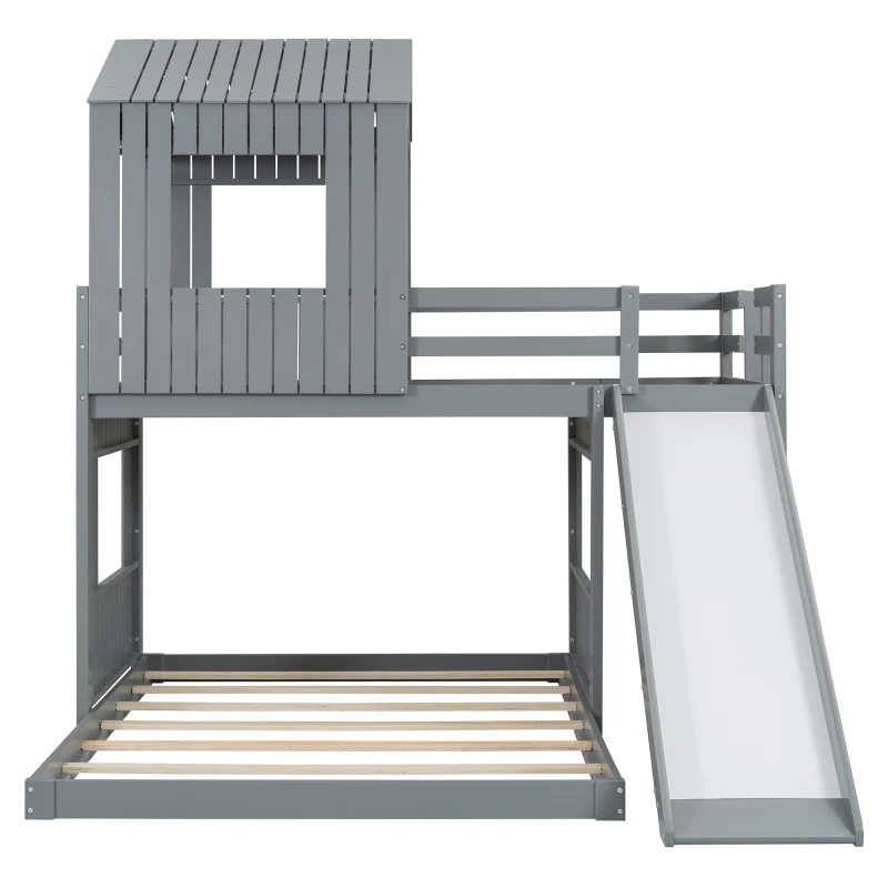 Wooden Twin Over Full Bunk Bed with Playhouse, Farmhouse Loft Bed with Ladder, Slide and Guardrails, 82" L x 89" W x 82.5" H, Grey