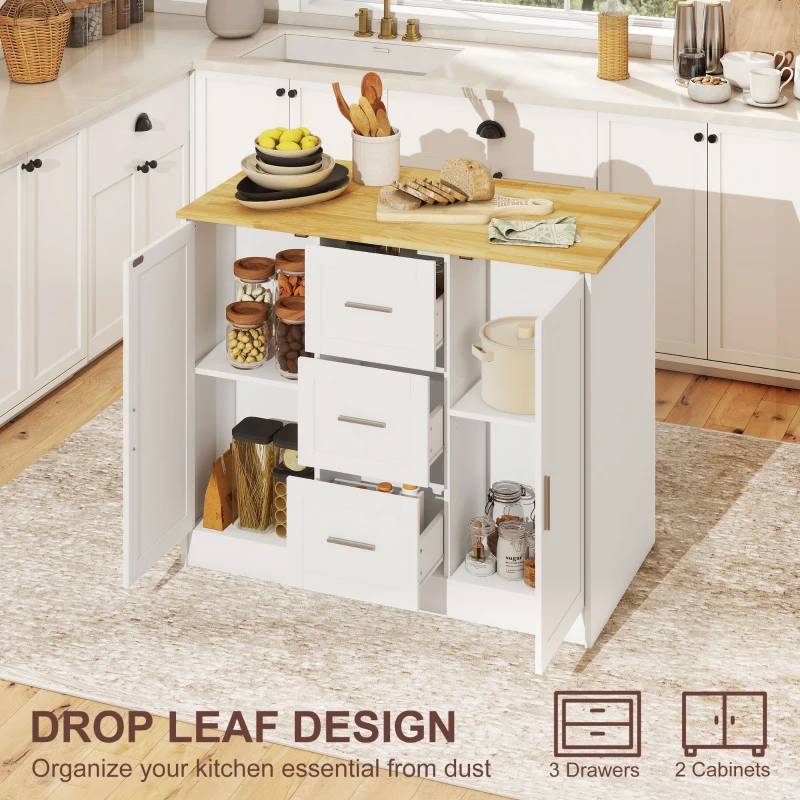 HOMCOM Kitchen Island with Storage Cabinets, 3 Drawers, 2 Adjustable Shelves and Sitting Space for Dining Room, White
