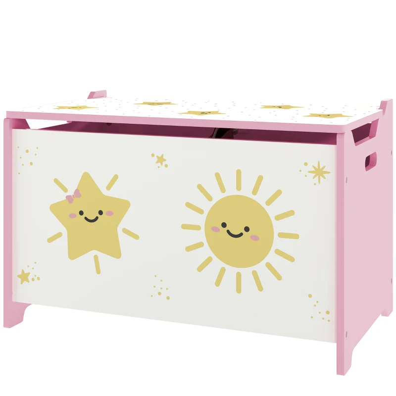 Qaba Toy Box with Lid, Safety Hinges and Groove Handles, Toy Storage Organizer for Kids, Living Room, Playroom, Pink
