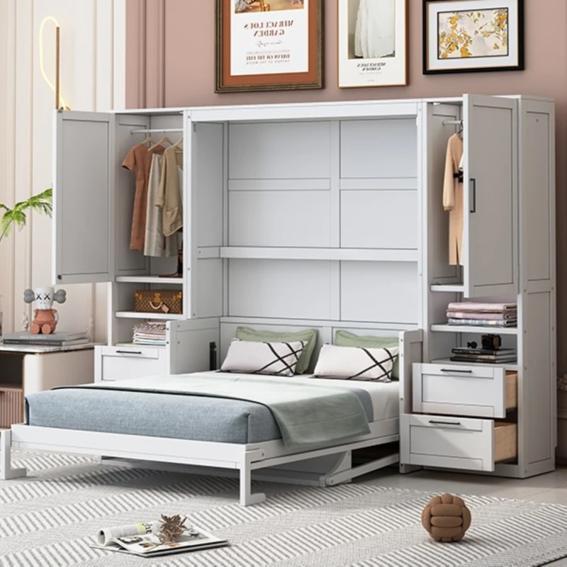 Queen Size Murphy Bed with Closet, Drawers and Shelves, Space-saving Wall Bed with Integrated Storage, 114" L x 17" W x 87" H, White