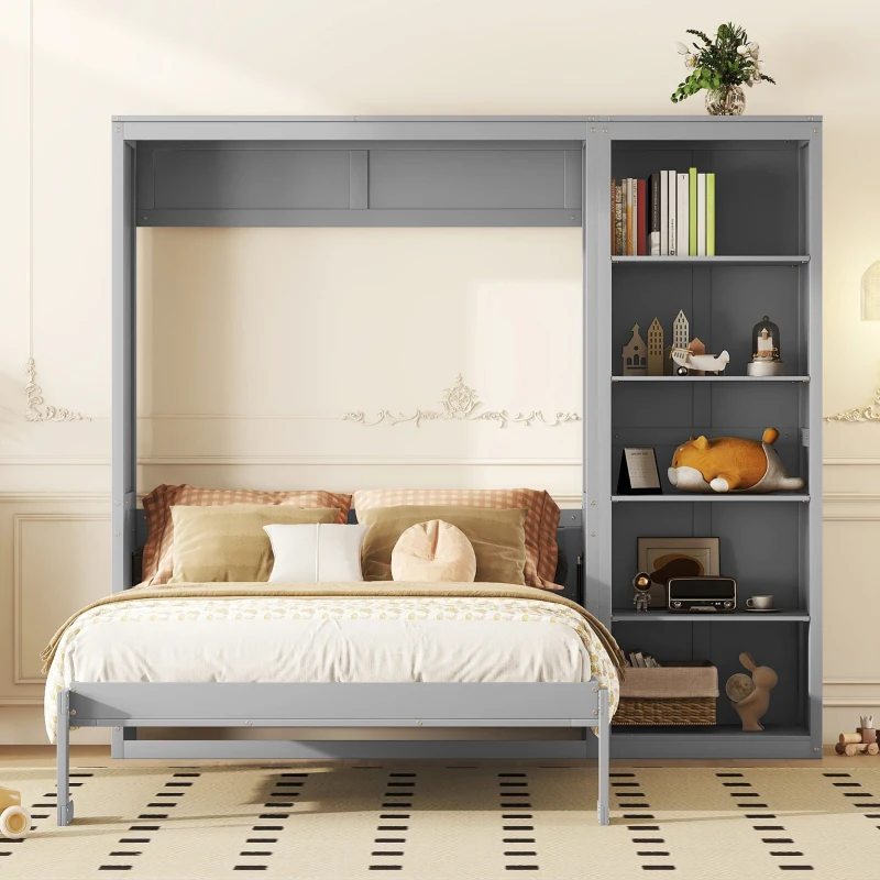 Queen Size Murphy Bed with Storage Shelves, Dual Piston Mechanism, Space-Saving Wall Bed with Flexible Slats, 94" L x 16" W x 88.5" H, Grey