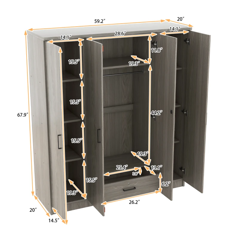 4-Door Wardrobe with Hanging Rail, Locking Drawer, Black Handles, MDF Construction, Ideal for Small Bedrooms, 59" L x 20" W x 68" H, Grey