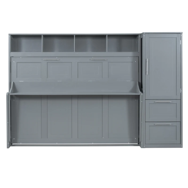 Full Size Murphy Bed with Closet and Drawers, Space-Saving Design and Integrated Storage, 107.5" L x 58" W x 72" H, Grey