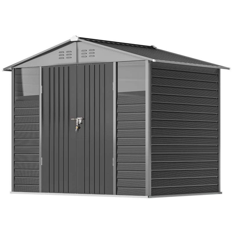 Outsunny 8' x 6' Outdoor Storage Shed, Metal Garden Shed with 2 Windows, 4 Vents, Lockable Doors and Gloves, Dark Grey