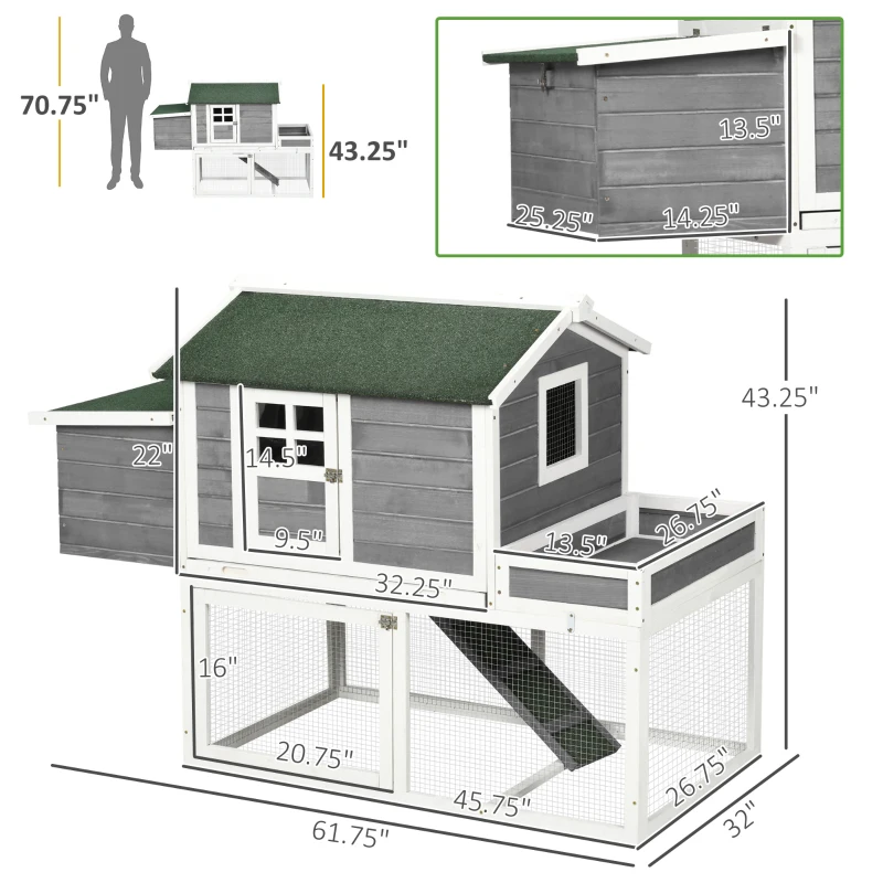 PawHut Wooden Chicken Coop for Outdoor Backyard with Raised Garden Bed, Run Area, Nesting Box Removable Tray, Gray