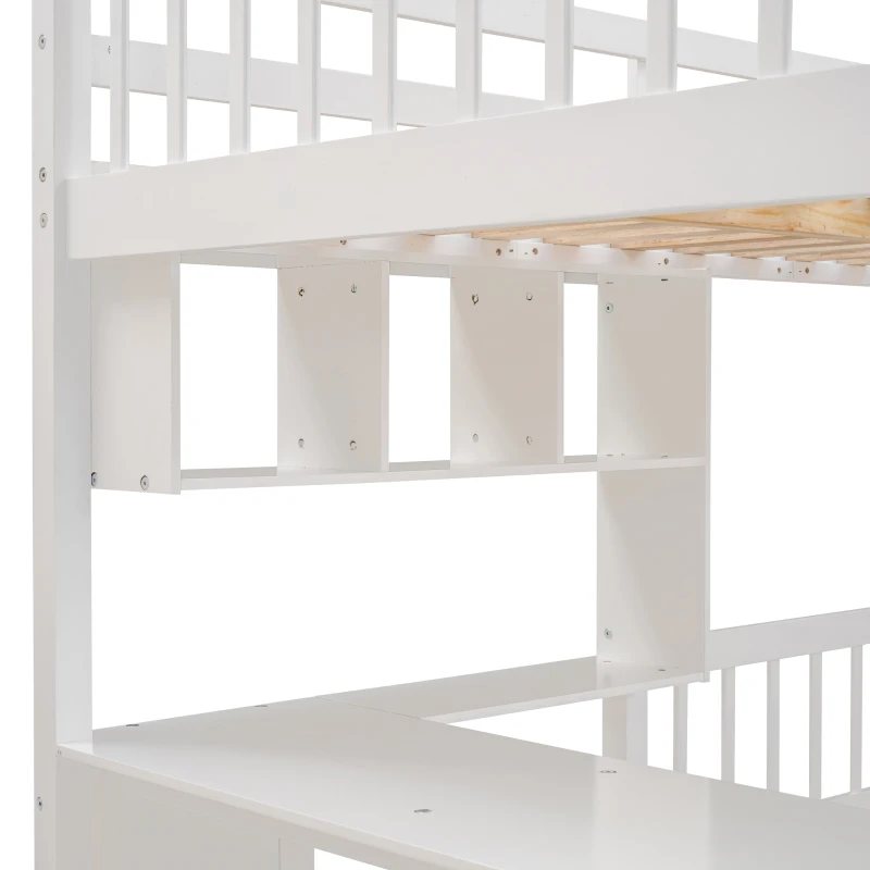 Full Over Twin Bunk Bed with Desk, Drawers and Shelves, Integrated Study Space, Space-Saving Design, 98" L x 80" W x 64.5" H, White