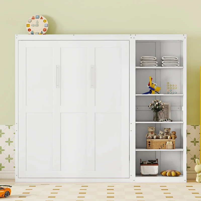 Queen Size Murphy Bed with Shelves, Dual Piston Mechanism, Space-Saving Wall Bed for Multi-Use Rooms, 94" L x 16" W x 88.5" H, White