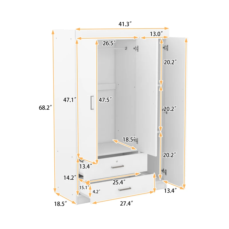 3-Door Wardrobe with 2 Drawers and MDF Construction, Modern Design with Shelves and Hanging Rail, 41.5" L x 18.5" W x 68" H, White