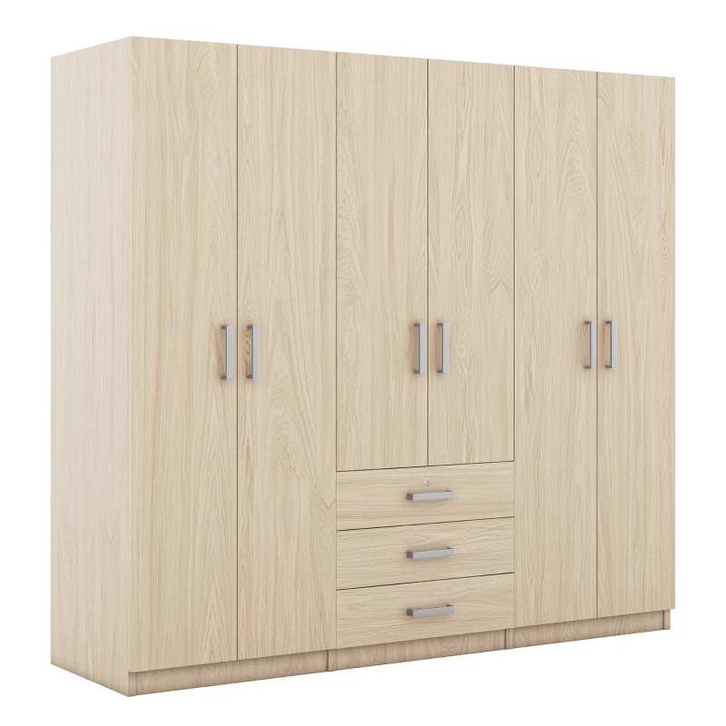 6-Door Wooden Wardrobe with 3 Drawers, MDF Construction, Silver Handles, Space-Saving Bedroom Storage, 71" L x 19" W x 68" H, Natural
