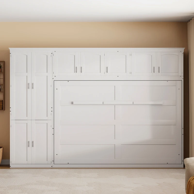 Queen Size Murphy Bed with Cabinets, Space-saving Design and Integrated Storage, Easy assembly, 117.5" L x 16" W x 88" H, White