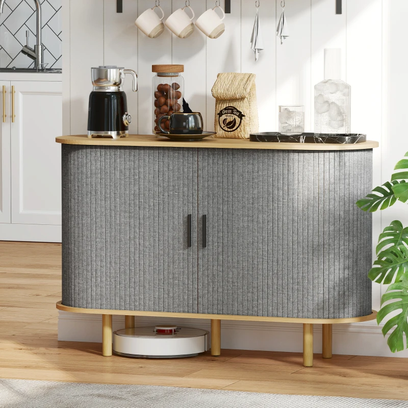 HOMCOM 47" Buffet Cabinet with Tambour Sliding Doors, Fluted Sideboard with Storage Shelves and Wooden Legs, Grey