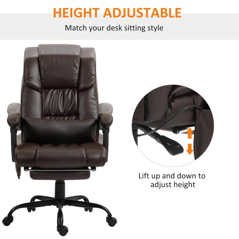 Vinsetto 6-Point Vibration Massage Chair, Height Adjustable Reclining Computer Chair with Retractable Footrest, Brown