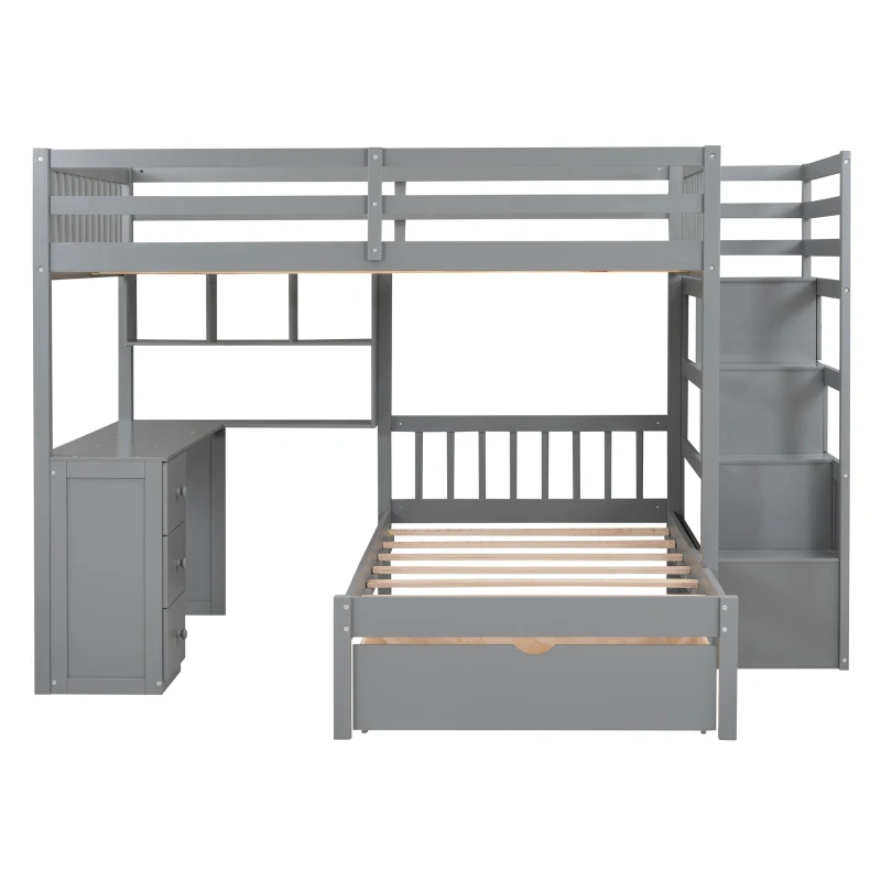 Full Over Twin Bunk Bed with Study Desk, Drawers and Shelves, Space-Saving Design, Ideal for Kids' Room, 98" L x 80" W x 64.5" H, Grey