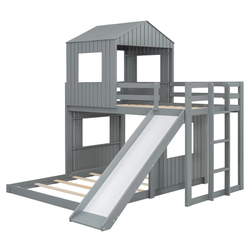 Wooden Twin Over Full Bunk Bed with Playhouse, Farmhouse Loft Bed with Ladder, Slide and Guardrails, 82" L x 89" W x 82.5" H, Grey
