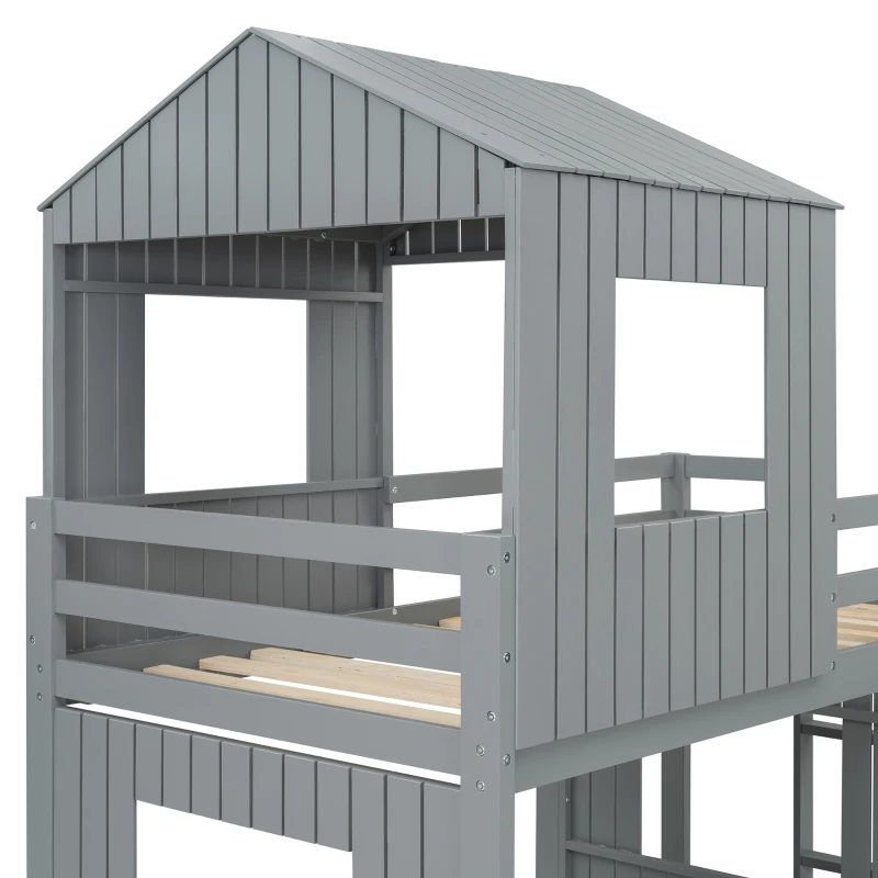 Wooden Twin Over Full Bunk Bed with Playhouse, Farmhouse Loft Bed with Ladder, Slide and Guardrails, 82" L x 89" W x 82.5" H, Grey