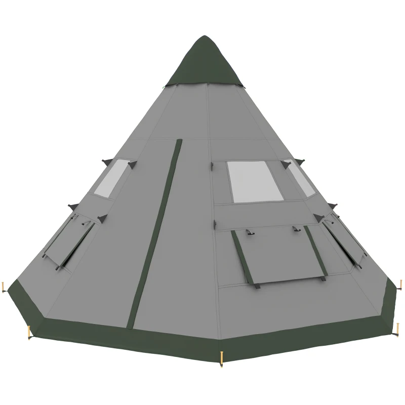 Outsunny 6 People Camping in a Family Teepee Tent with Mesh Windows, Tent Floor, Door and Carry Bag for Hiking, Picnic, Grey