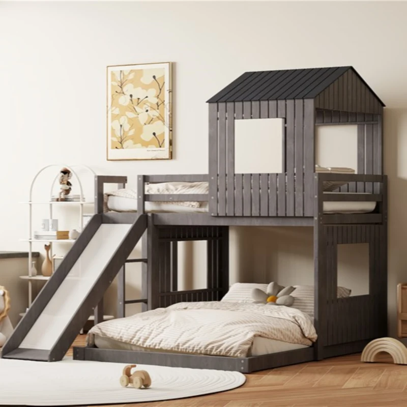 Wooden Twin Over Full Bunk Bed with Playhouse, Farmhouse Style Loft Bed with Ladder, Guardrails, 82" L x 89" W x 82.5" H, Antique Grey