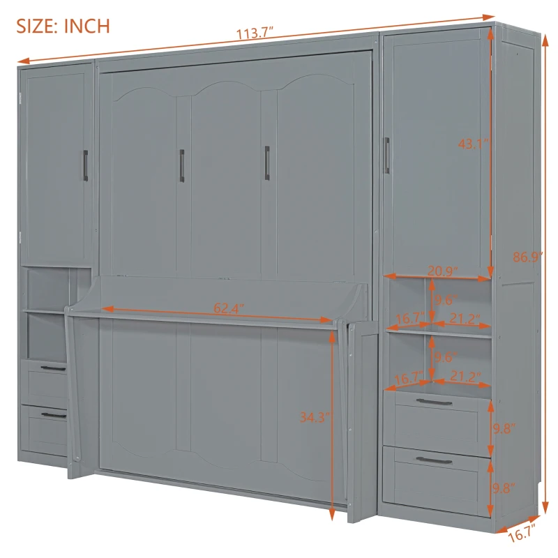Modern Queen Size Murphy Bed with Closet, Drawers and Shelves, Space-saving Wall Bed with Integrated Storage, 114" L x 17" W x 87" H, Grey