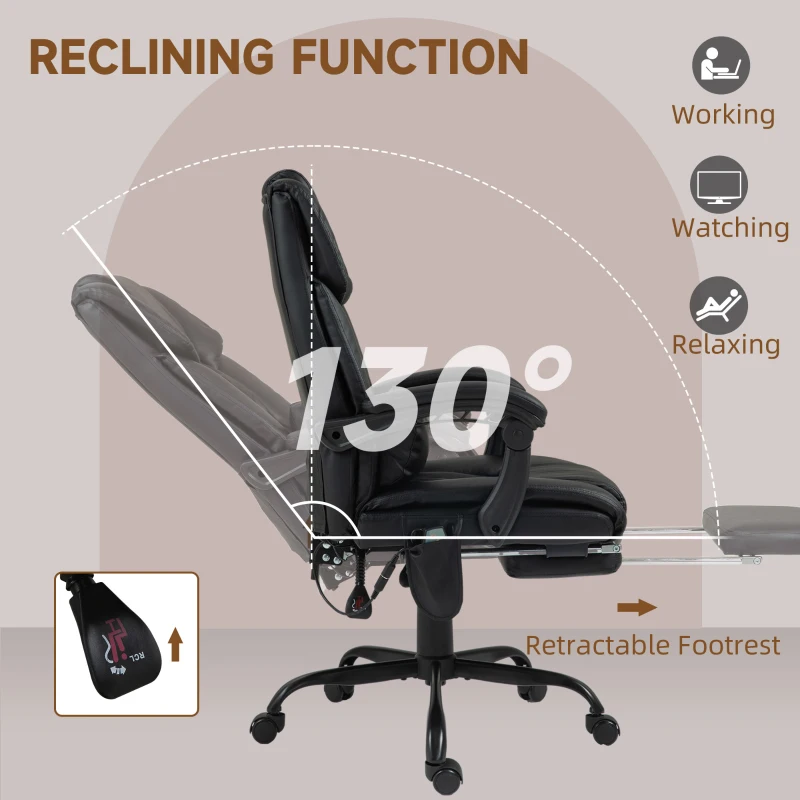 Vinsetto 6-Point Vibration Massage Chair, Height Adjustable Reclining Computer Chair with Retractable Footrest, Black