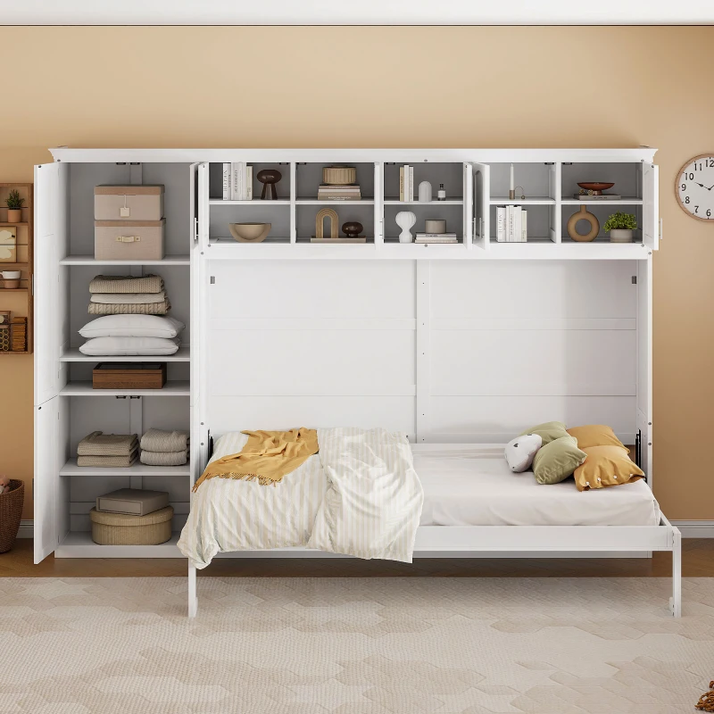Queen Size Murphy Bed with Cabinets, Space-saving Design and Integrated Storage, Easy assembly, 117.5" L x 16" W x 88" H, White
