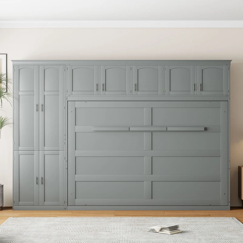 Queen Size Murphy Bed with Integrated Storage, Space-saving Wall Bed with Customizable Configuration, 117.5" L x 16" W x 88" H, Grey