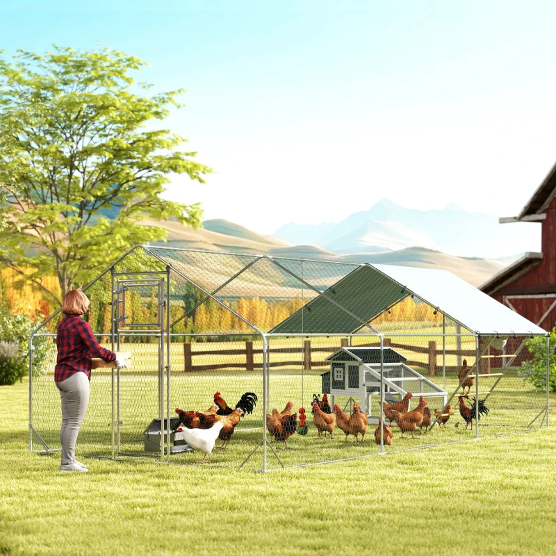 PawHut Metal Chicken Run w/ Waterproof & Anti-UV Cover, Feeding Door, Hanging Feeder, for 18-24 Chickens, 9.8' x 19.7' x 6.4'