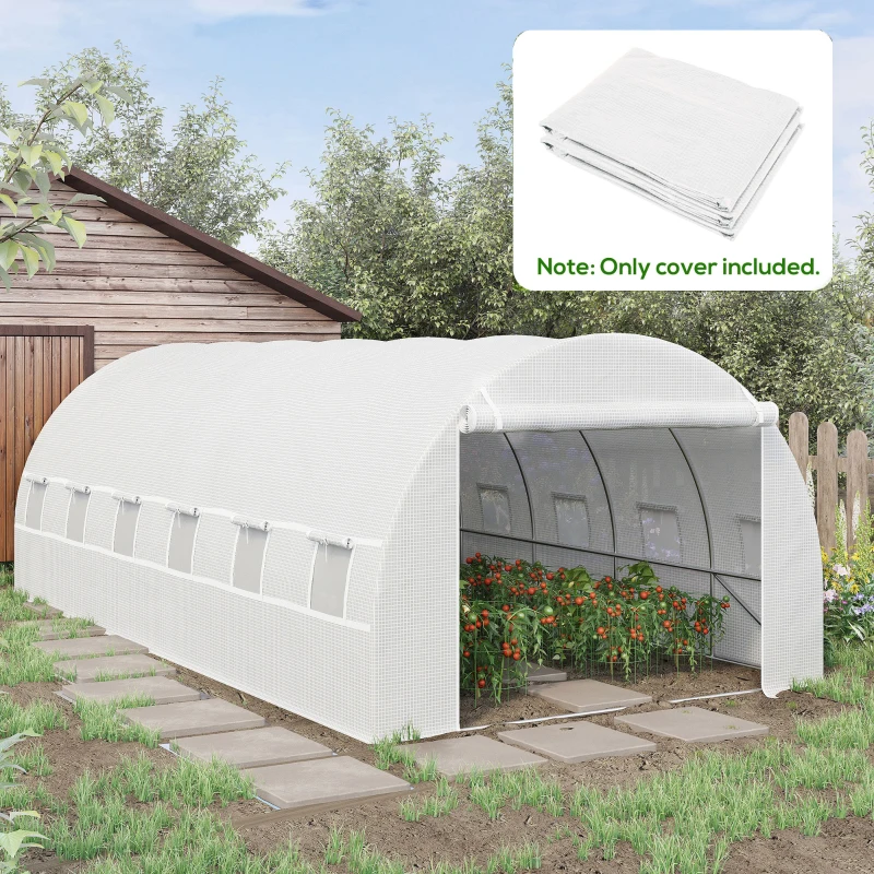Outsunny 19.7' x 9.8' x 6.6' Plastic Greenhouse Cover Replacement, Heavy Duty Waterproof Tarp for Hoop House, Sheeting with 12 Windows, Door & Reinforcement Grid, White(m-2)