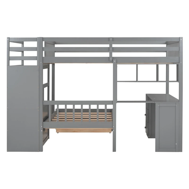 Full Over Twin Bunk Bed with Study Desk, Drawers and Shelves, Space-Saving Design, Ideal for Kids' Room, 98" L x 80" W x 64.5" H, Grey