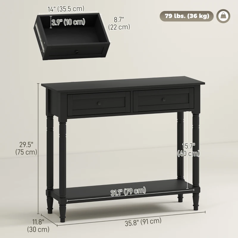 HOMCOM Hallway Console Table, Modern Entryway Table with 2 Drawers, Storage Shelf, Turned Legs for Living Room, Bedroom, Black