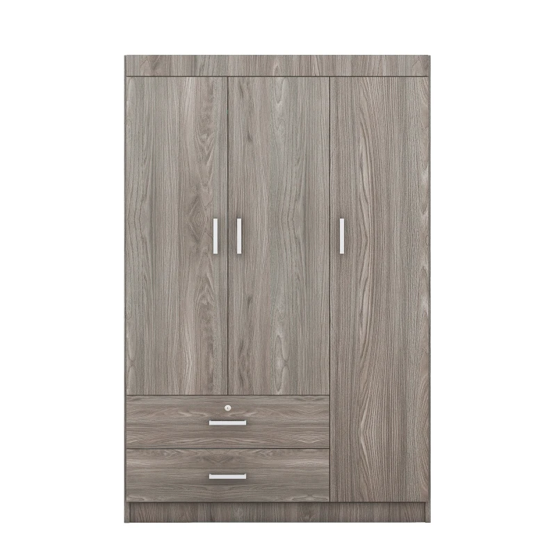 3-Door Wardrobe with 2 Drawers and MDF Construction, Modern Design with Hanging Rail and Shelves, 41.5" L x 18.5" W x 68" H, Grey