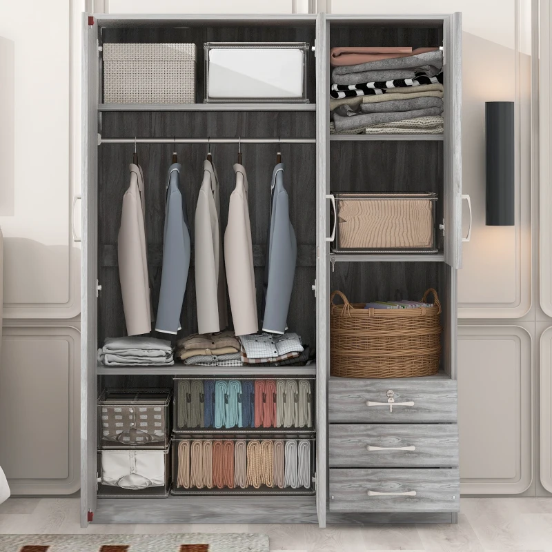2-Door Wooden Wardrobe with Shelves and 3 Drawers, Built-in Hanging Rod, Safe and Stable Design, 47" L x 20" W x 69" H, Grey