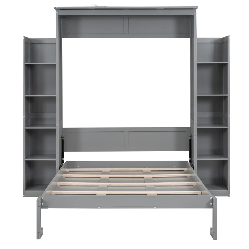 Full Size Murphy Bed with Shelves, LED Lights, Space-Saving Wall Bed with Flexible Slats, Dual Piston Mechanism, 91" L x 81" W x 84" H, Grey