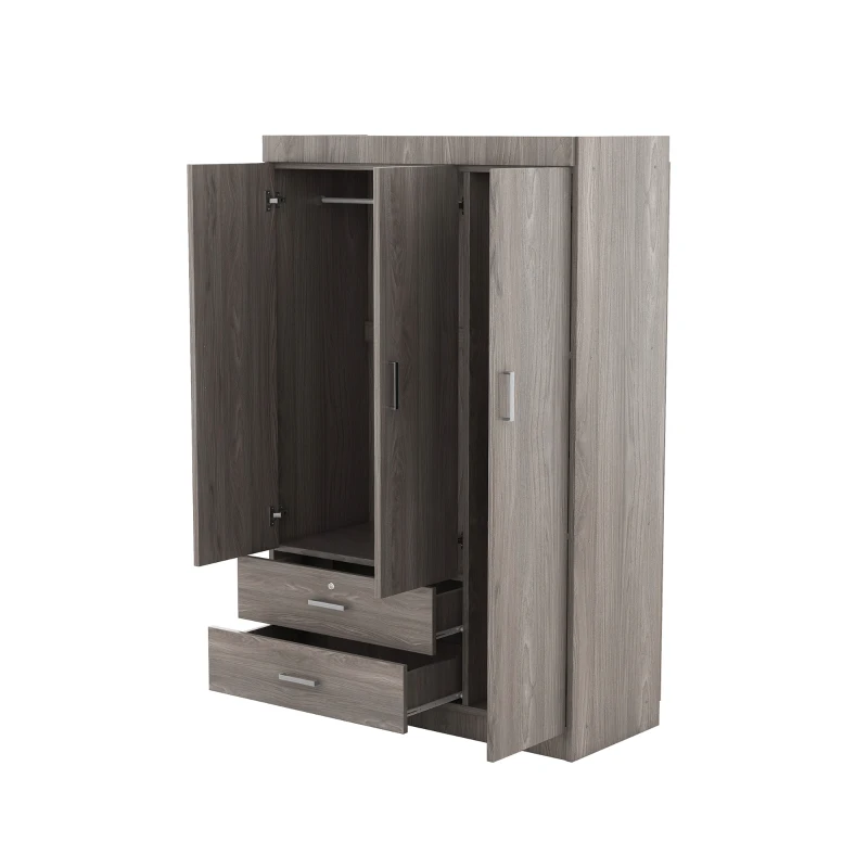 3-Door Wardrobe with 2 Drawers and MDF Construction, Modern Design with Hanging Rail and Shelves, 41.5" L x 18.5" W x 68" H, Grey