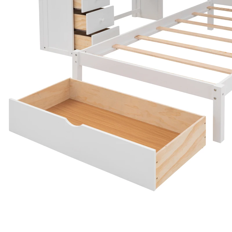 Full Over Twin Bunk Bed with Desk, Drawers and Shelves, Integrated Study Space, Space-Saving Design, 98" L x 80" W x 64.5" H, White