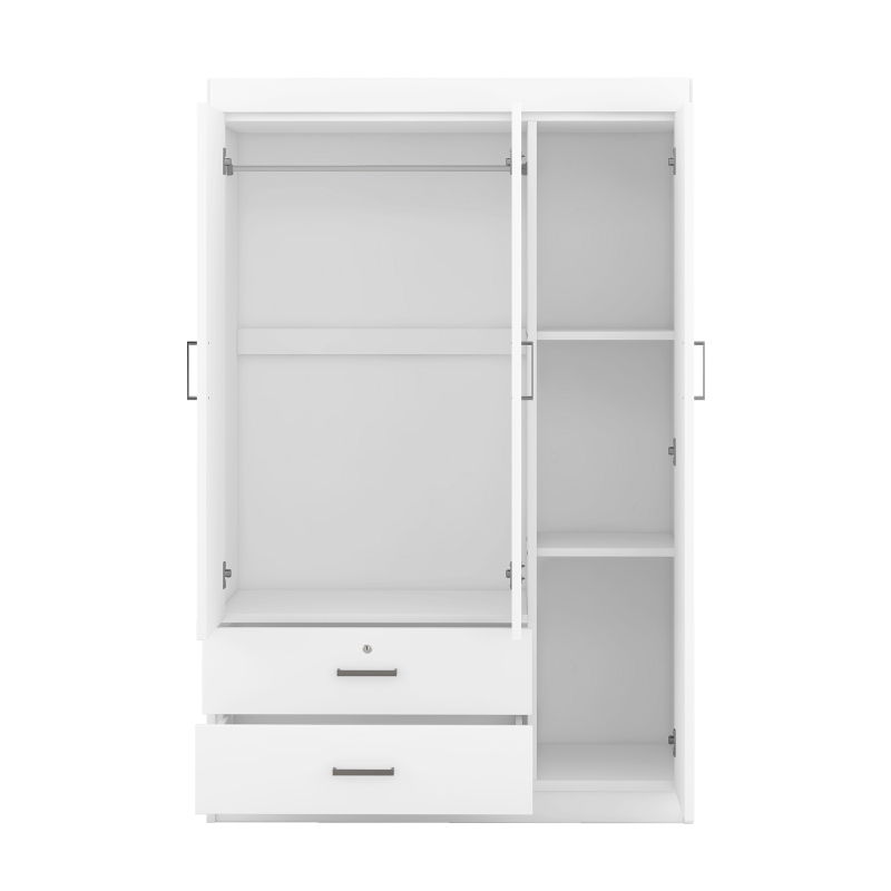 3-Door Wardrobe with 2 Drawers and MDF Construction, Modern Design with Shelves and Hanging Rail, 41.5" L x 18.5" W x 68" H, White