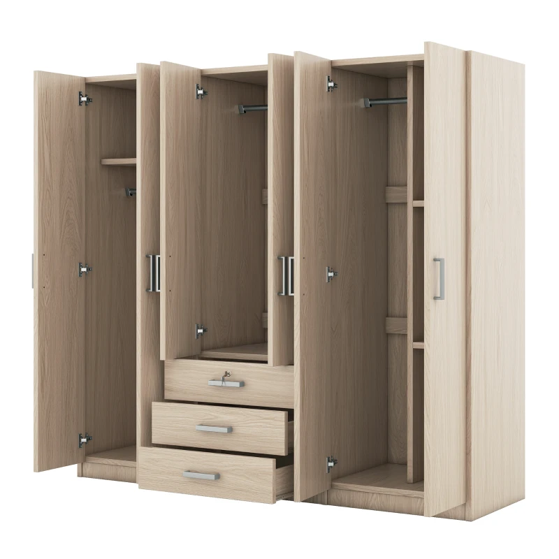 6-Door Wooden Wardrobe with 3 Drawers, MDF Construction, Silver Handles, Space-Saving Bedroom Storage, 71" L x 19" W x 68" H, Natural