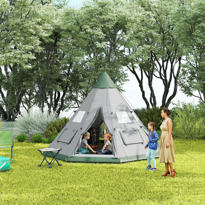 Outsunny 6 People Camping in a Family Teepee Tent with Mesh Windows, Tent Floor, Door and Carry Bag for Hiking, Picnic, Grey